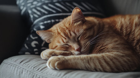 Chubby orange cat resting on a cozy sofa, its eyes half-closed, capturing the calm and peaceful nature of domestic cats.の素材