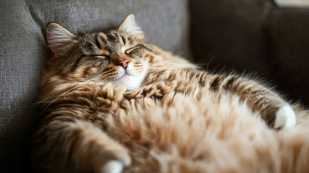 A fluffy, overweight cat snoozing peacefully, captured up close with its eyes closed and its round body comfortably sprawled across a sofa.の素材