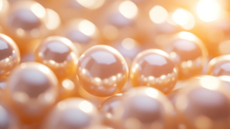 A cluster of pearls up close, glowing softly under warm light, arranged in a delicate, elegant pattern that highlights their unique shapes.の素材