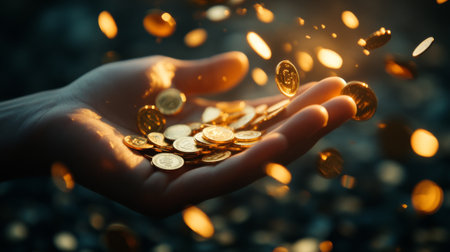 A high-detail shot of golden coins falling from a hand, representing wealth, fortune, and the beauty of precious metals.の素材
