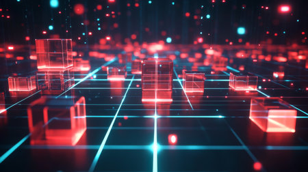 A futuristic 3D heatmap with glowing cubes representing data intensity, displayed over a grid surface, emphasizing high-tech analytics and information flow.の素材