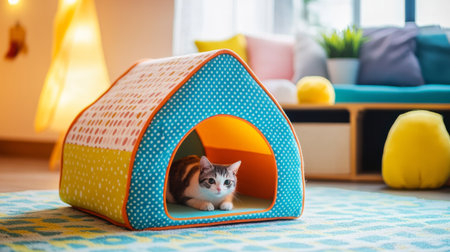 A close-up of a colorful, playful cat house shaped like a house or a tent, with soft materials and a fun design that attracts catsの素材