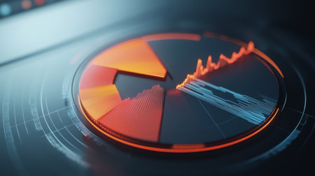 Close-up of a 3D pie chart with interactive elements, including hover effects and clickable segments, illustrating a sophisticated data presentationの素材