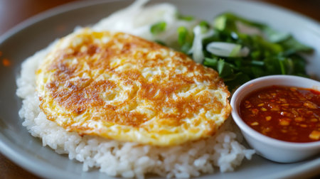 A golden omelette on a bed of rice shot up close, with crispy edges and soft center, served with a side of spicy dipping sauce.の素材