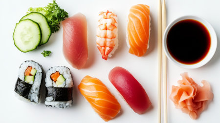 A beautifully arranged sushi and sashimi set from above, featuring fresh salmon, tuna, and shrimp, served with pickled ginger and soy sauce.の素材