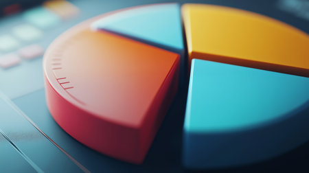 Close-up of a 3D pie chart with a portion pulled out to emphasize a specific segment, showcasing detailed data and a modern, professional look.の素材