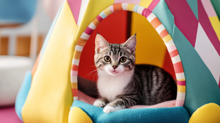 A close-up of a colorful, playful cat house shaped like a house or a tent, with soft materials and a fun design that attracts catsの素材