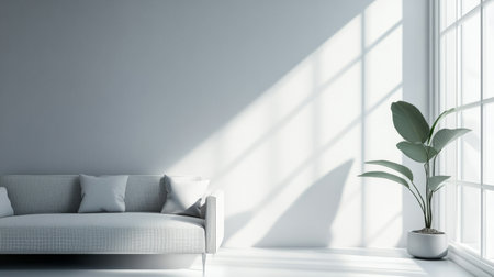 Close-up of a beautifully designed minimalistic living room featuring sleek furniture, a monochromatic color scheme, and plenty of natural light.の素材