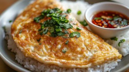 A golden omelette on a bed of rice shot up close, with crispy edges and soft center, served with a side of spicy dipping sauce.の素材