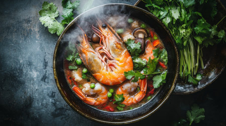 Aerial view of a steaming Tom Yum Goong bowl, filled with prawns, mushrooms, and lemongrass, surrounded by fresh Thai herbs on the side.の素材