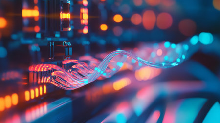 A close-up view of vibrant electric waves pulsing through cables in a high-tech industrial setting, symbolizing the flow of energy and innovation.の素材