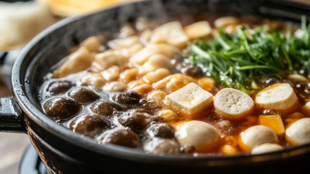 A high-resolution close-up of a hot pot with a rich, flavorful broth, featuring close-up details of ingredients like mushrooms and tofu cooking inside.の素材