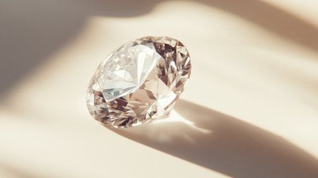 A loose diamond nestled on a white background, with a soft shadow enhancing its multi-faceted brilliance and crystal clarity.の素材