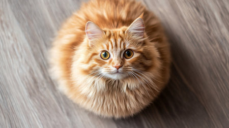 A round, orange cat with fluffy fur sitting on a wooden floor, gazing directly at the camera with a sweet and gentle look.の素材