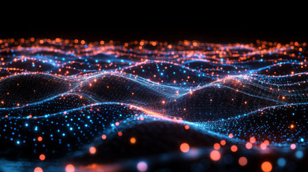 A digital concept of neon electric waves intersecting over a dark background, representing wireless technology, AI systems, and the future of electricity.の素材