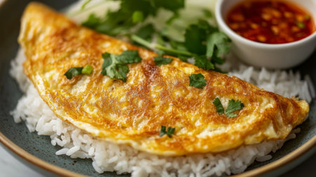 A golden omelette on a bed of rice shot up close, with crispy edges and soft center, served with a side of spicy dipping sauce.の素材