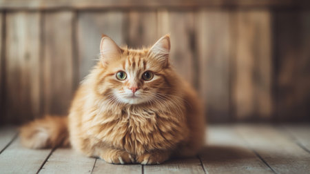 A round, orange cat with fluffy fur sitting on a wooden floor, gazing directly at the camera with a sweet and gentle look.の素材