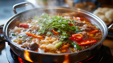 A high-resolution close-up of a hot pot with bubbling broth, featuring an array of colorful ingredients like peppers and greens, emphasizing the dish's richness.の素材