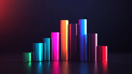 A sleek 3D bar graph with glossy columns of different heights, set against a dark background, emphasizing data visualization in finance and business.の素材