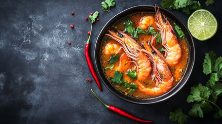 Bird's-eye view of hot and spicy Tom Yum Goong, with prawns and aromatic herbs floating in a tangy broth, accompanied by lime and chili on the side.の素材