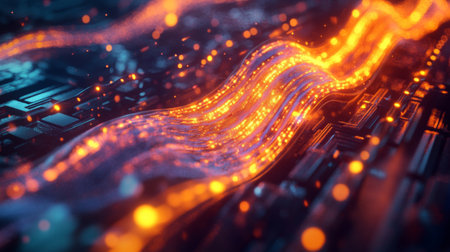 A close-up view of vibrant electric waves pulsing through cables in a high-tech industrial setting, symbolizing the flow of energy and innovation.の素材