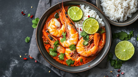 Aerial shot of a hot Tom Yum Goong bowl, showing the fresh prawns, lime slices, herbs, and a swirl of spicy broth, all served with a side of rice.の素材