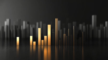 A sleek 3D bar graph with glossy columns of different heights, set against a dark background, emphasizing data visualization in finance and business.の素材