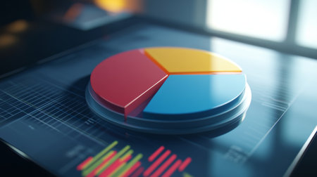 Close-up of a 3D pie chart with a portion pulled out to emphasize a specific segment, showcasing detailed data and a modern, professional look.の素材