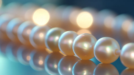 A macro view of a strand of pearls resting on a reflective surface, capturing the soft glow and iridescence of each pearl in fine detail.の素材