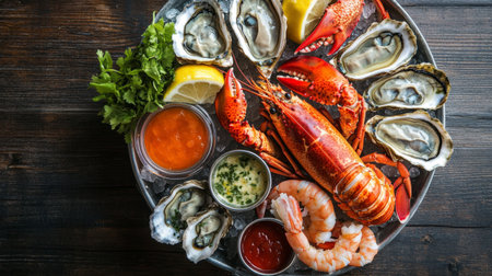 A top-view shot of a seafood platter filled with lobster, shrimp, oysters, and crab, beautifully arranged on a wooden table with dipping sauces and lemon slices.の素材