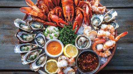 A top-view shot of a seafood platter filled with lobster, shrimp, oysters, and crab, beautifully arranged on a wooden table with dipping sauces and lemon slices.の素材