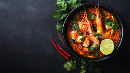 Bird's-eye view of hot and spicy Tom Yum Goong, with prawns and aromatic herbs floating in a tangy broth, accompanied by lime and chili on the side.の素材