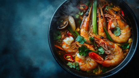 A top-down view of a steaming bowl of Tom Yum Goong, with large prawns, mushrooms, lemongrass, and vibrant chili floating in a rich, aromatic broth.の素材