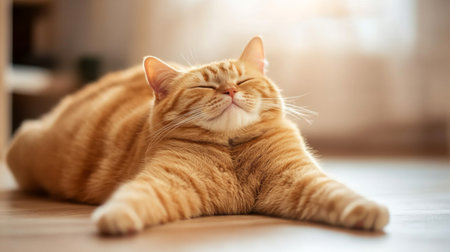An adorable overweight orange cat stretching lazily on the floor, showing off its soft belly and content expression.の素材