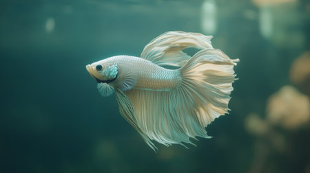 Close-up of a Betta fish with iridescent scales and long, flowing fins, captured in a peaceful aquarium setting with soft lighting that enhances its colors.の素材