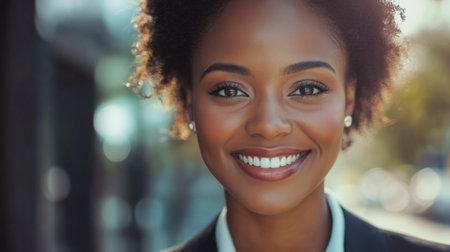 Close-up of a confident businesswoman smiling directly at the camera, dressed in a professional suit, showcasing her determination and poise.の素材