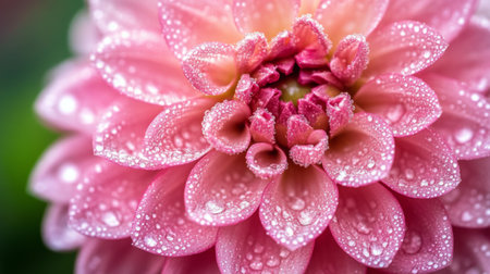 Close-up of a blooming flower with dew-covered petals, highlighting the natural beauty and fresh look created by the water droplets.の素材