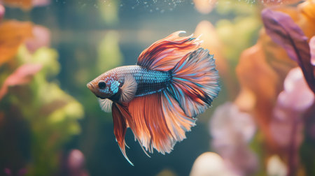 Close-up of a Betta fish with a unique and colorful pattern, swimming gracefully amidst colorful aquarium decorations, emphasizing its elegance and vibrancy.の素材