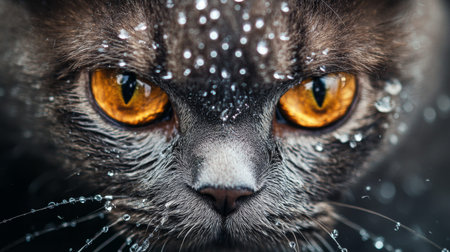 Close-up of a cat's face with its fur wet and slick from a bath, showing its expression and the water droplets on its fur in sharp detail.の素材