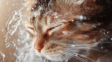 Close-up of a cat enjoying a bath, with water droplets on its fur and a content expression, showing the details of its wet fur and playful splashes.の素材