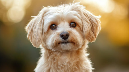 Close-up of a dog with a lovable face, featuring its soft fur and warm eyes, set against a contrasting backdrop to highlight its cuteness.の素材