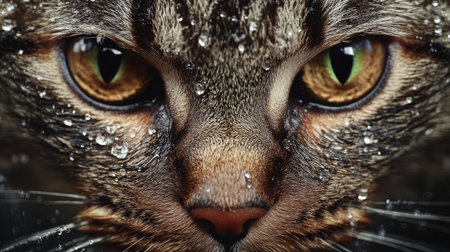 Close-up of a cat's face with its fur wet and slick from a bath, showing its expression and the water droplets on its fur in sharp detail.の素材