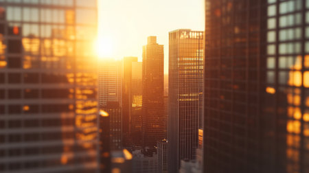 Close-up of a city skyline with the sun setting between tall buildings, capturing the interplay of light and shadows as day transitions to night.の素材