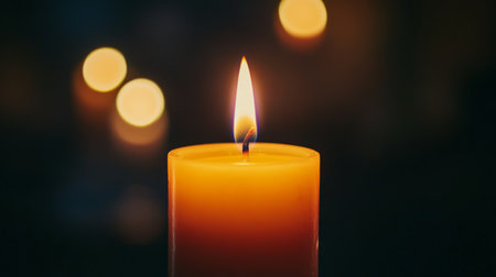 Close-up of a candle flame against a dark background, with the flame warm glow creating a dramatic contrast and a calming effect.の素材
