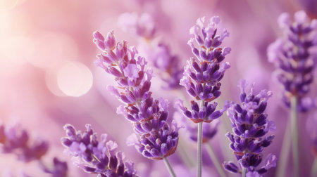 Close-up of a bunch of lavender flowers with their delicate purple blooms and fine details, evoking a sense of calm and tranquility.の素材