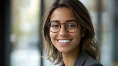 Close-up of a businesswoman with a friendly smile, wearing glasses and a suit, demonstrating clarity and professionalism in a corporate environment.の素材