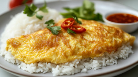 Close-up of a fluffy, golden omelette resting on a bed of white jasmine rice, with crispy edges and soft texture, garnished with chili sauce on the side.の素材