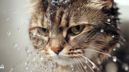 Close-up of a cat enjoying a bath, with water droplets on its fur and a content expression, showing the details of its wet fur and playful splashes.の素材