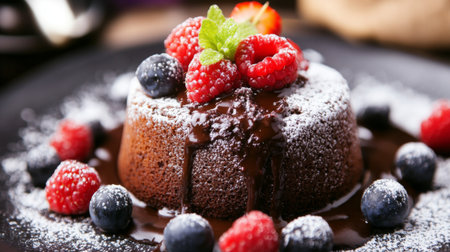 Close-up of a decadent chocolate lava cake with a gooey center, garnished with fresh berries and a dusting of powdered sugar, emphasizing the indulgent details.の素材