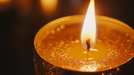 Close-up of a candle flame against a dark background, with the flame warm glow creating a dramatic contrast and a calming effect.の素材